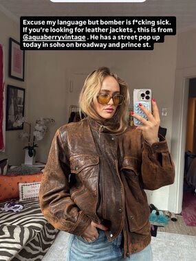 Vintage 90s Distressed Leather Bomber Jacket Phillippe Monet Brown Oversized